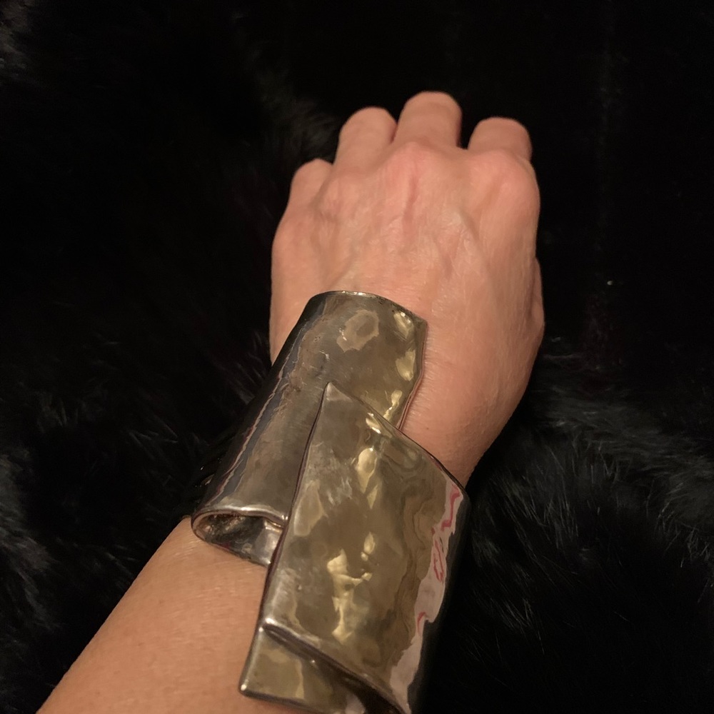 Silver Statement Cuff Bracelet With Black Wire Ba… - image 6